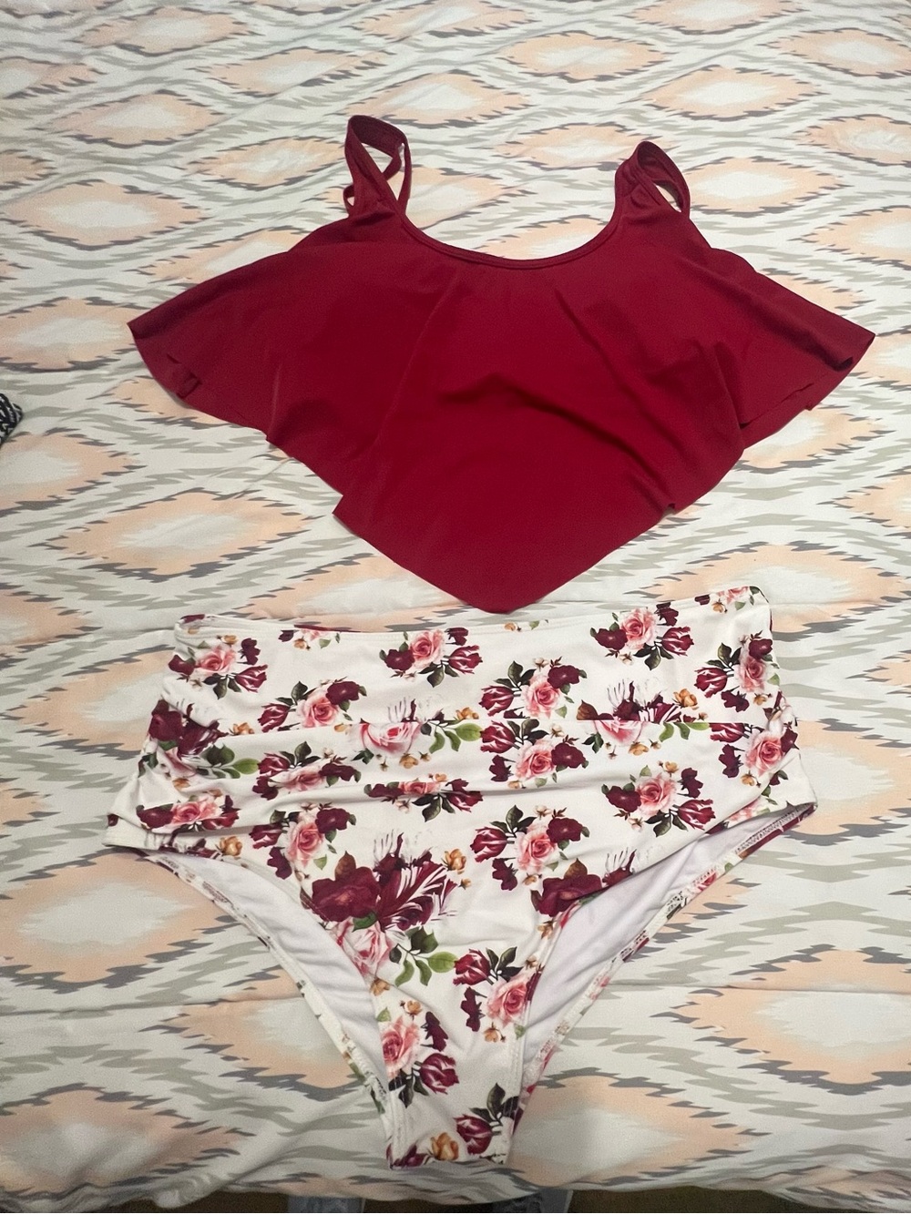 Women’s Floral High-Waist Bikini Set in Burgundy and White